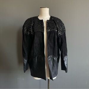 Vintage Posttano Sequin Leather Suede Jacket 80s Statement Coat Petite 90s YSL